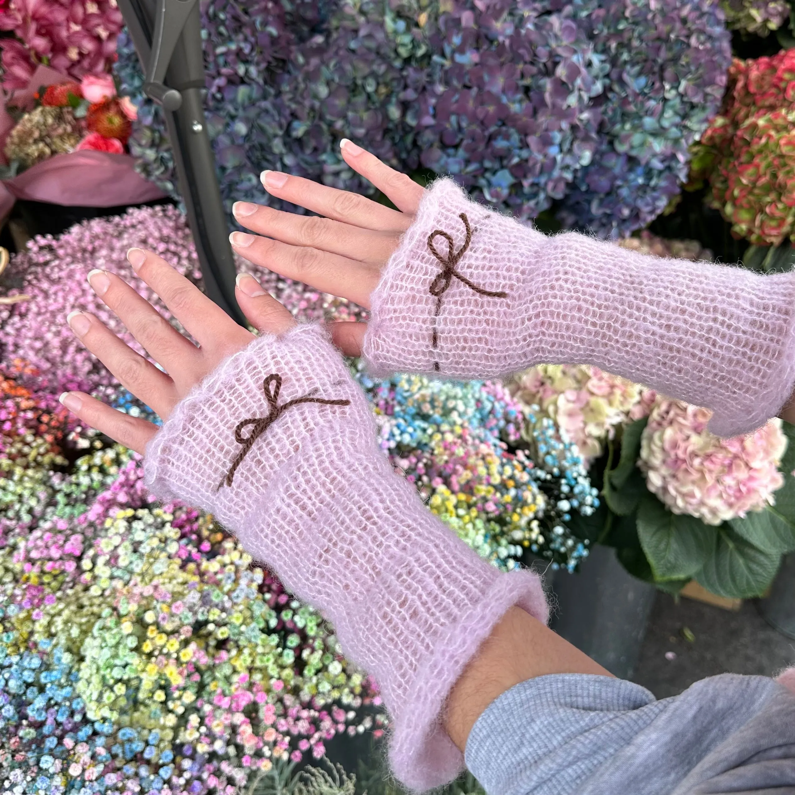 Handmade knitted mohair bow gloves in baby pink & brown - with thumb hole