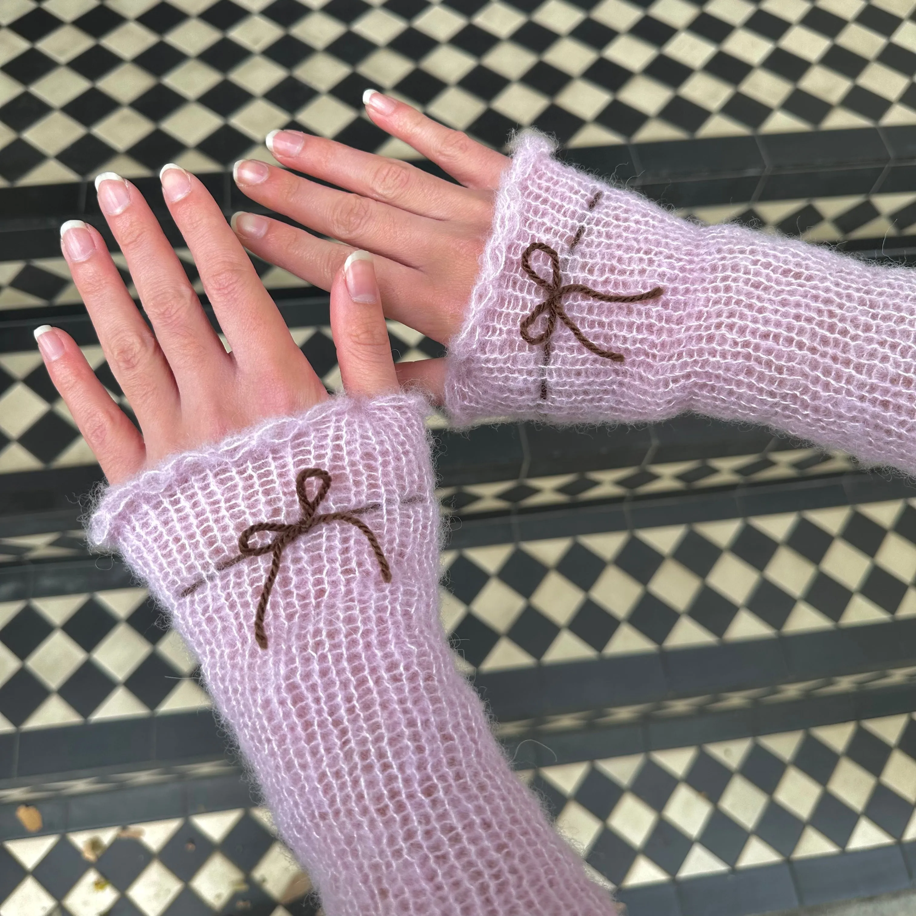 Handmade knitted mohair bow gloves in baby pink & brown - with thumb hole