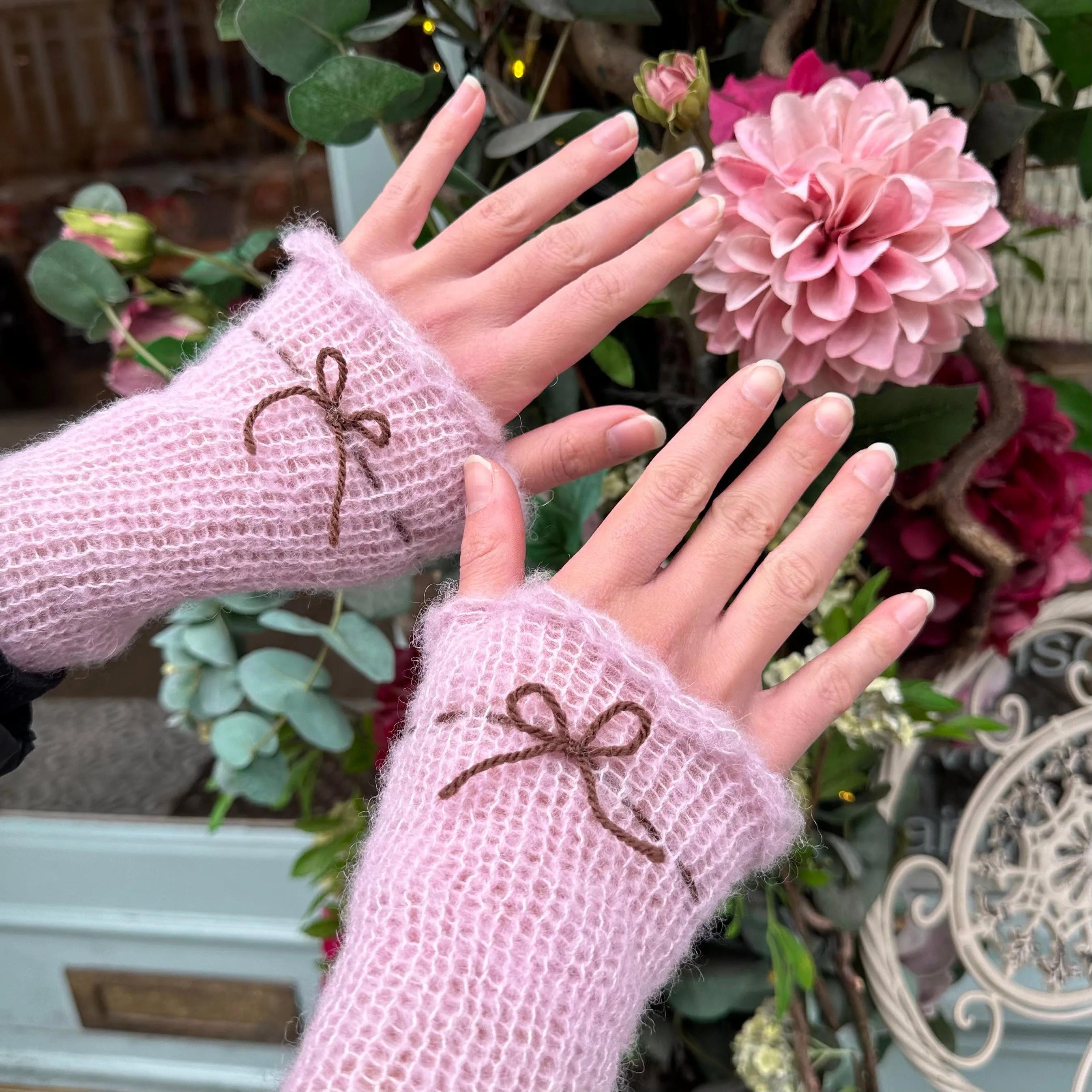 Handmade knitted mohair bow gloves in baby pink & brown - with thumb hole