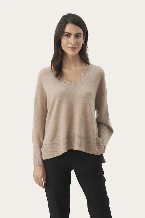 Hellin Light Camel Melange V Neck Cashmere Sweater