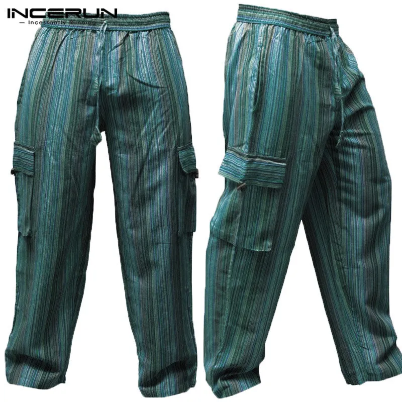 INCERUN Striped 5XL Wide Legs Men Casual Pants 100%Cotton Loose Fitness Baggy Cargo Trousers Multi Pockets Joggers  Vacation