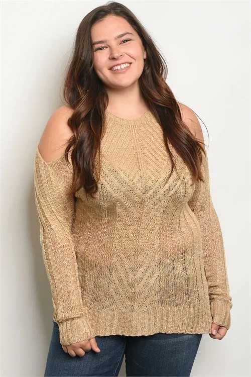 Khaki Cold Shouler Plus Size Sweater