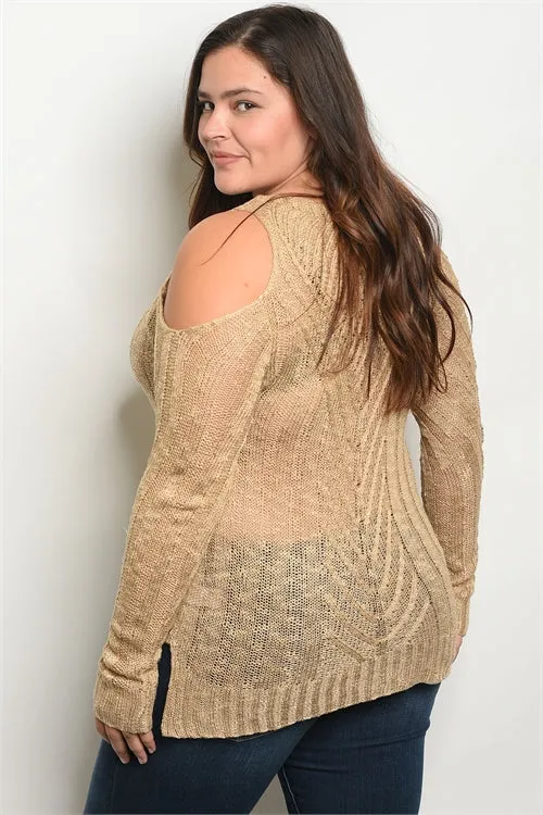 Khaki Cold Shouler Plus Size Sweater