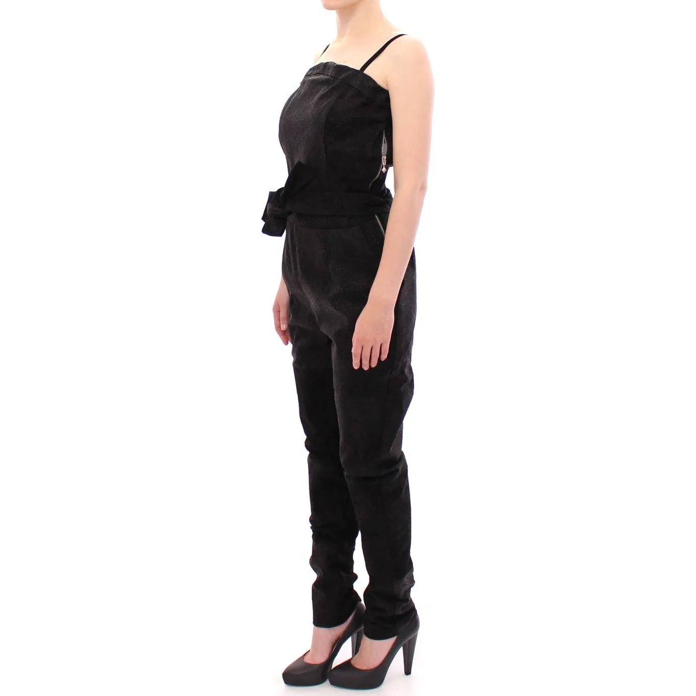 La Maison du Couturier Elegant Black Leather Jumpsuit with Waist Strap