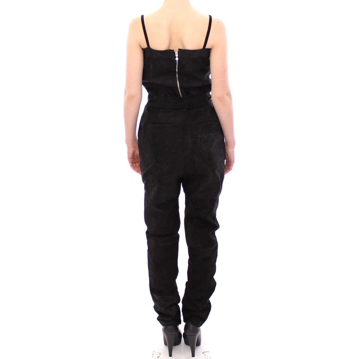 La Maison du Couturier Elegant Black Leather Jumpsuit with Waist Strap