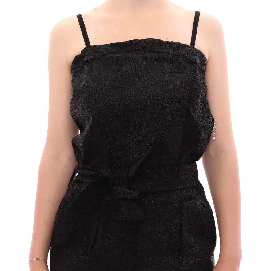 La Maison du Couturier Elegant Black Leather Jumpsuit with Waist Strap