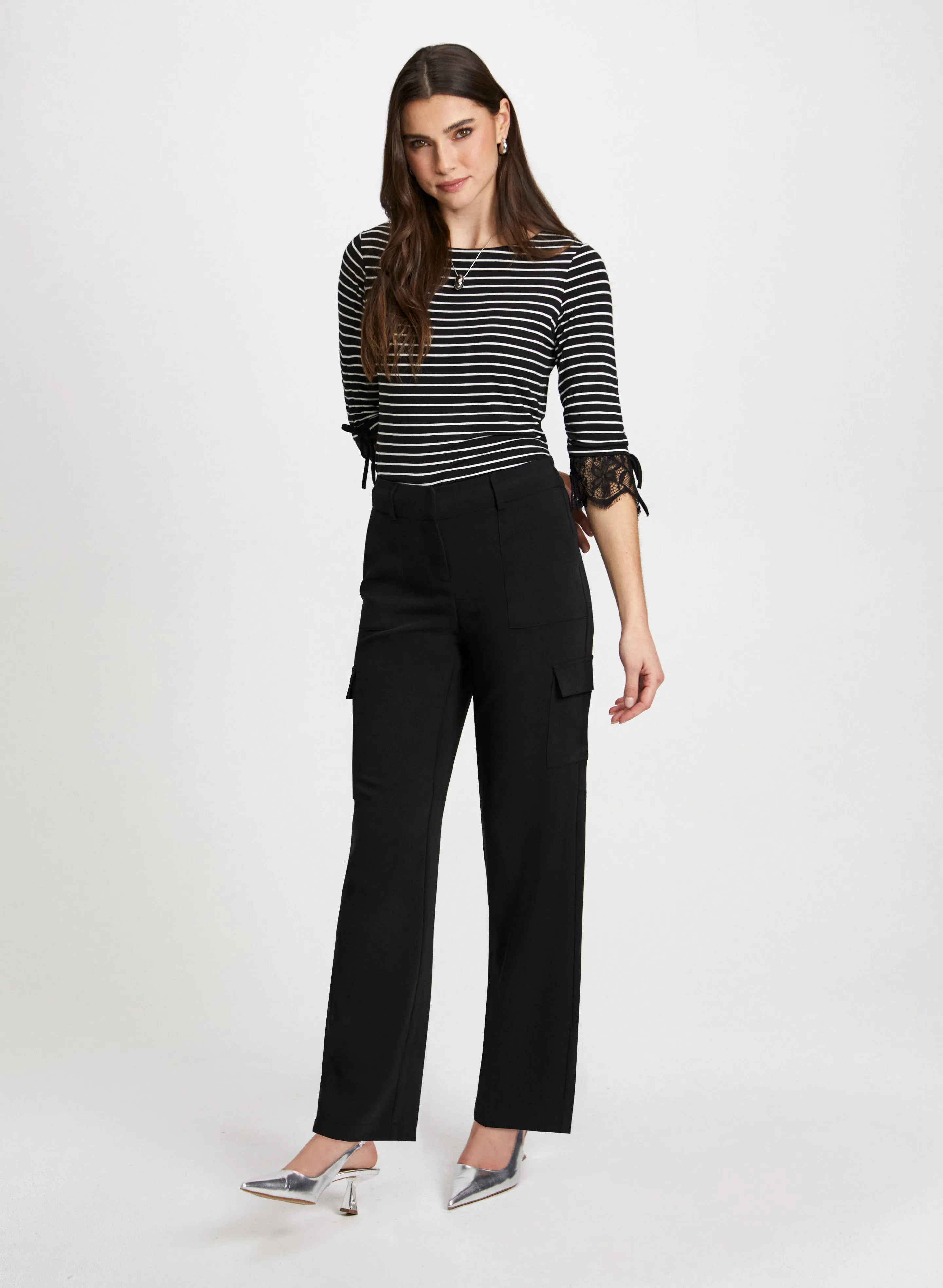 Lace Trim Stripe Motif Top & Cargo Pants