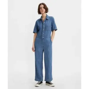 Levi's Women's Short Sleeve Denim Jumpsuits Overalls Straight Leg, Dark Blue