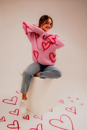 LONG SLEEVE ROUND NECK HEART PRINT SWEATER