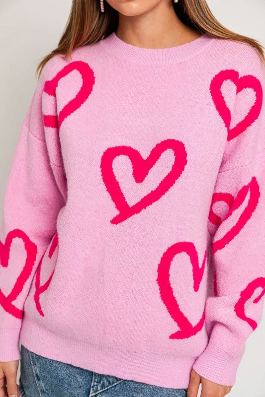 LONG SLEEVE ROUND NECK HEART PRINT SWEATER