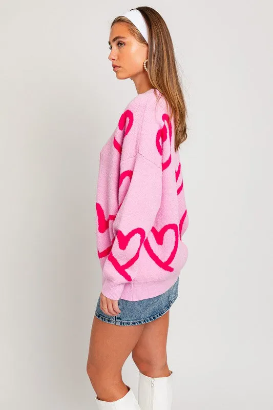 LONG SLEEVE ROUND NECK HEART PRINT SWEATER