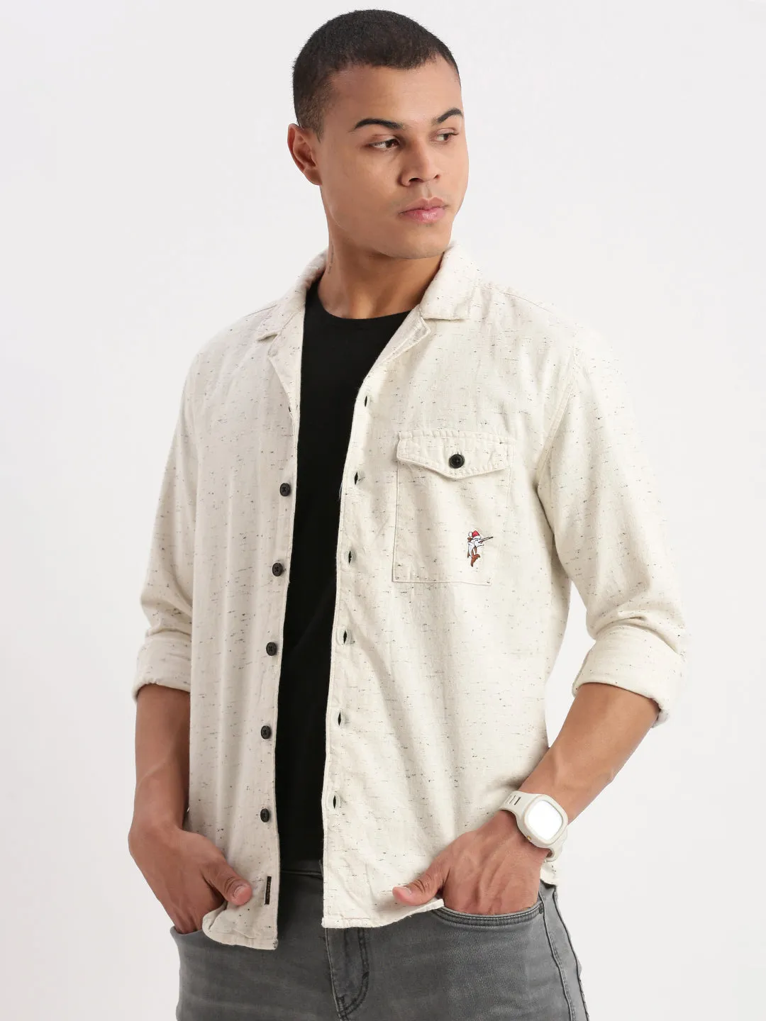 Men Cuban Collar Solid Cream Oversized Shacket