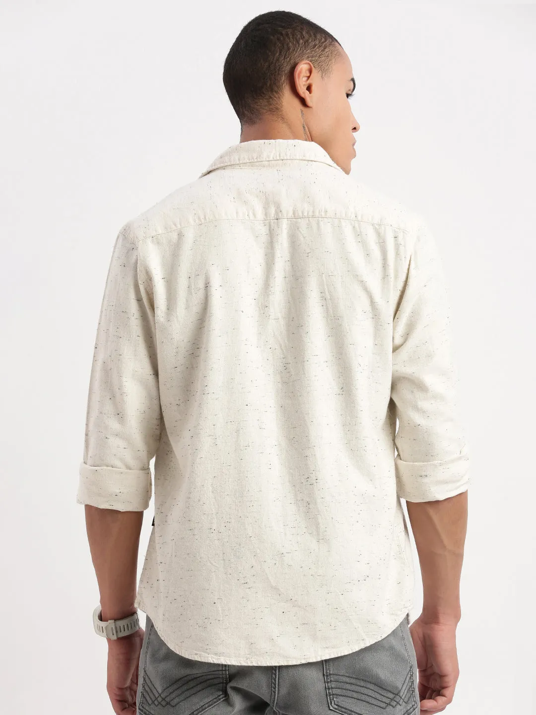 Men Cuban Collar Solid Cream Oversized Shacket