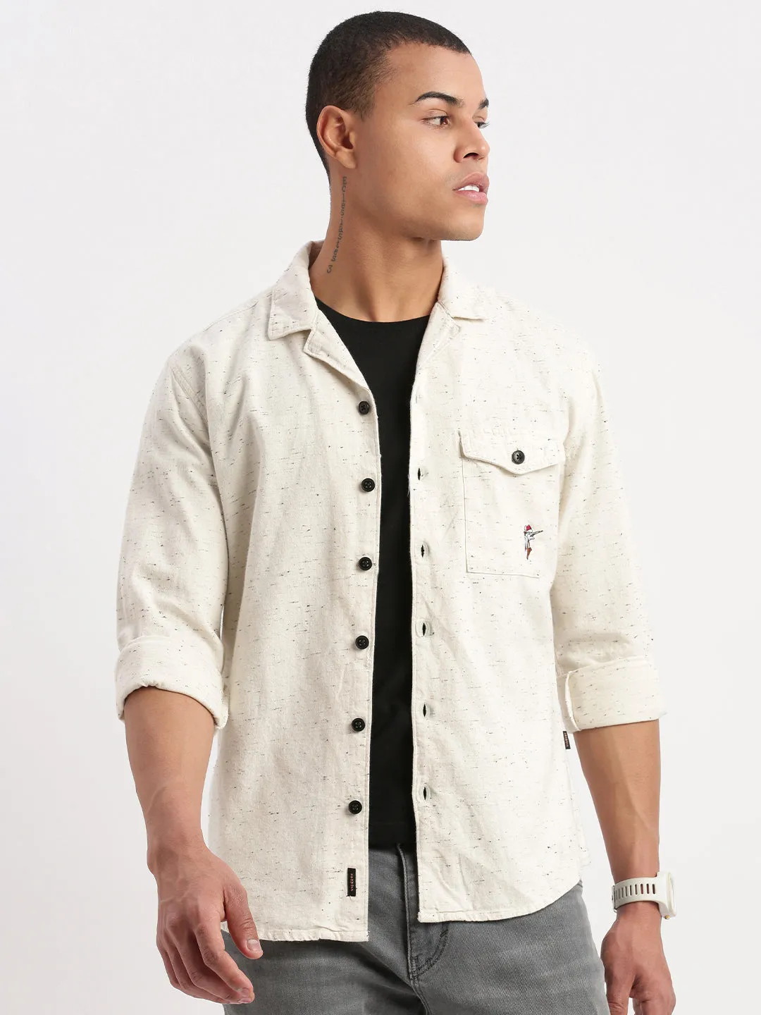 Men Cuban Collar Solid Cream Oversized Shacket