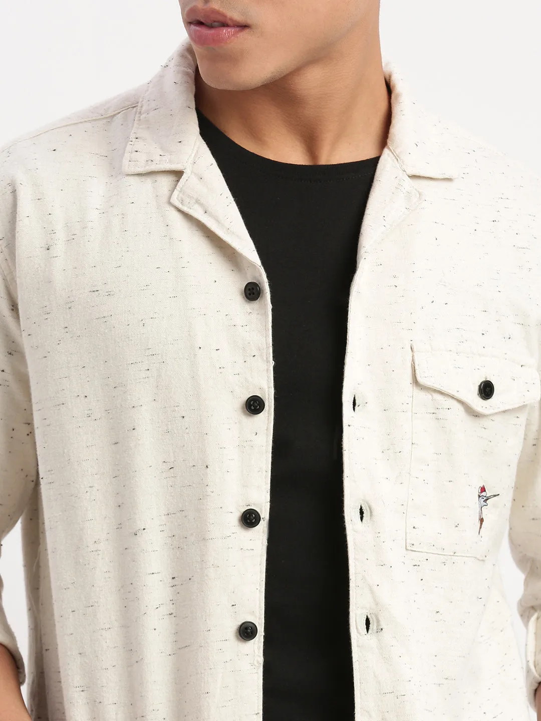 Men Cuban Collar Solid Cream Oversized Shacket