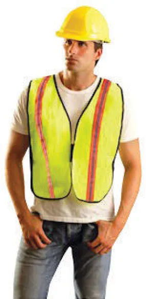 OccuNomix 4X Hi-Viz Yellow OccuLux Value Economy Light Weight Polyester Mesh Two-Tone Vest With Front Hook And Loop Closure, 1 3/8" Silver Gloss Tape On Orange Trim, Side Elastic Straps And 1 Pocket