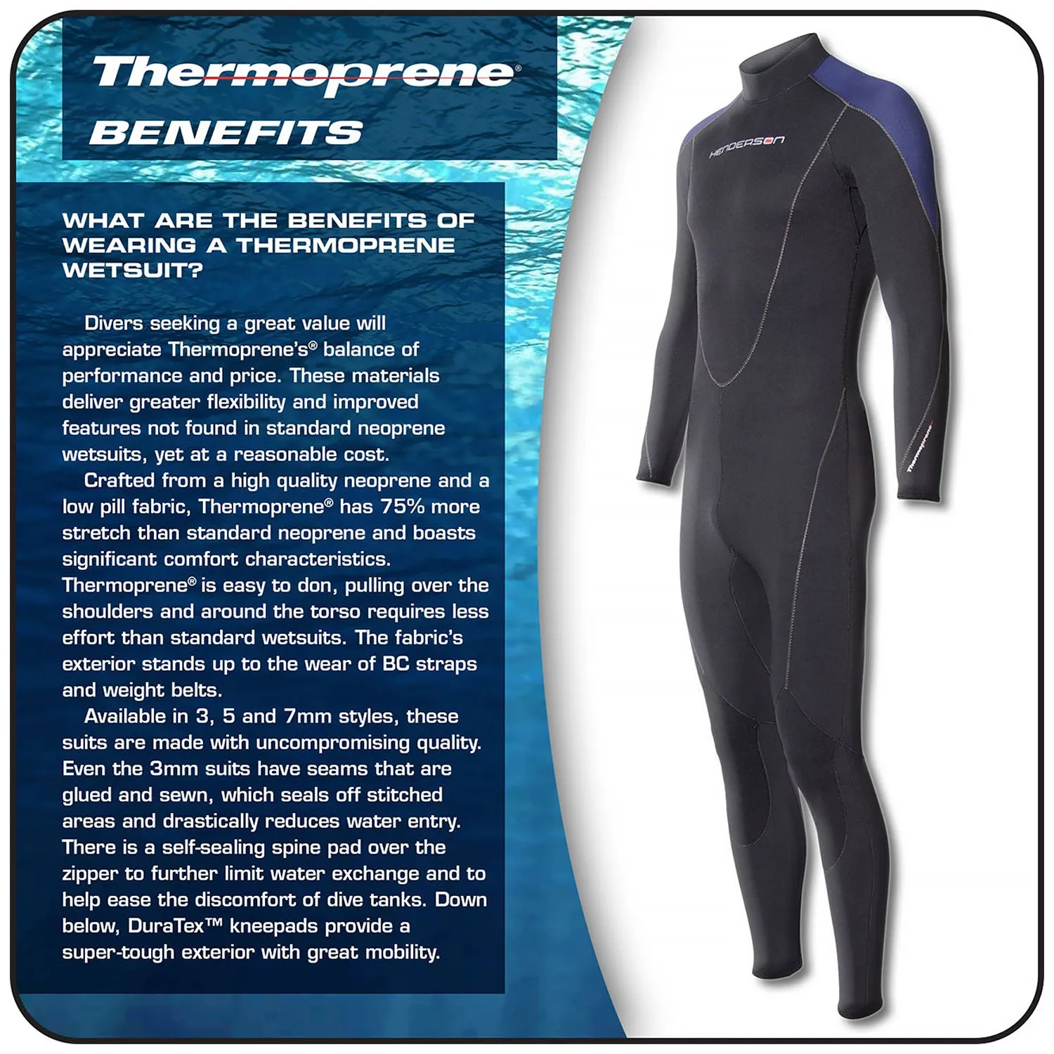 Open Box Henderson Man Thermoprene Jumpsuit (Back Zip) 5mm Scuba Wetsuit - Black / Blue - Large