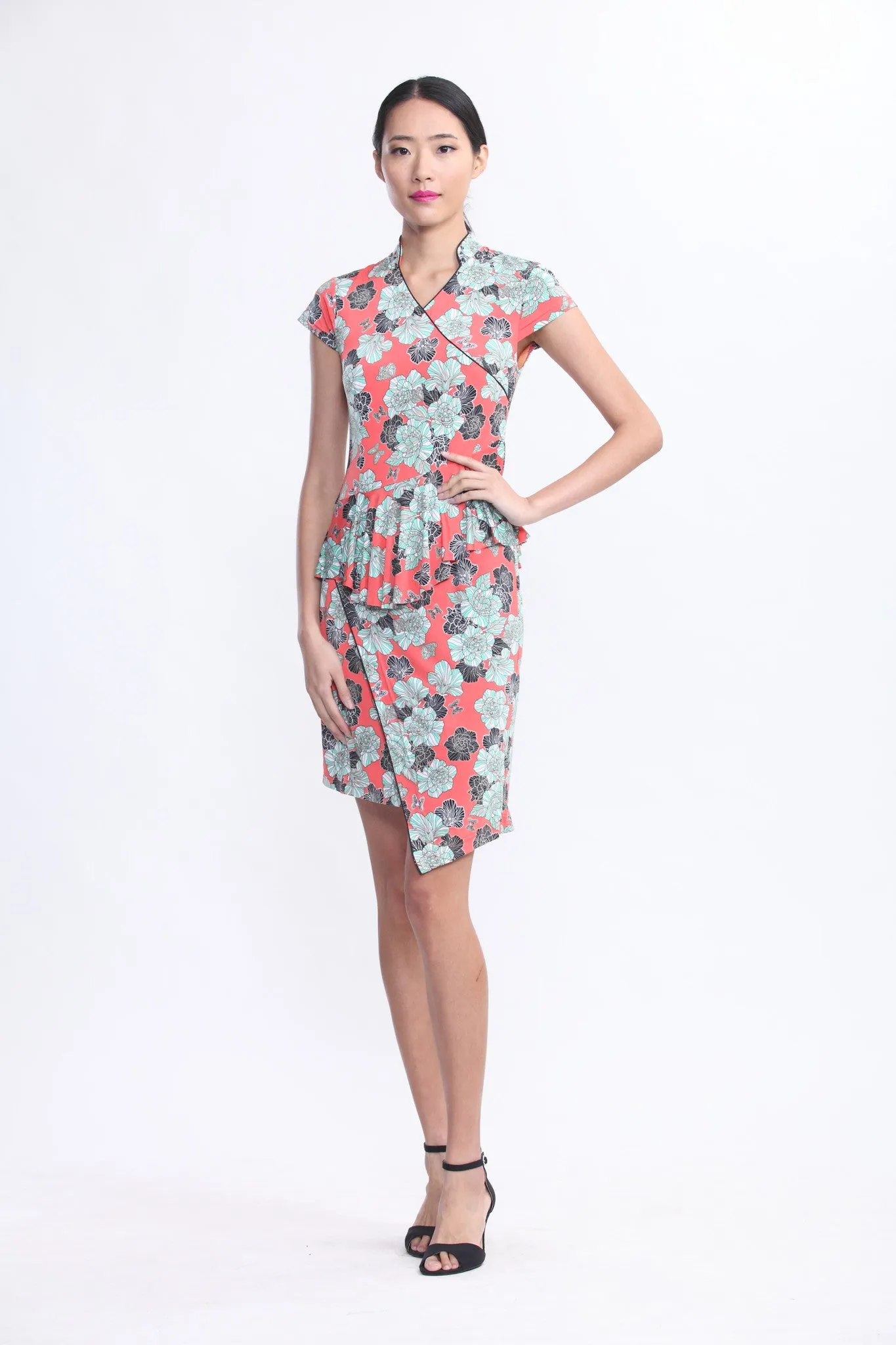 Orange Venezia Print Jersey Dress with Ruffles At Waist