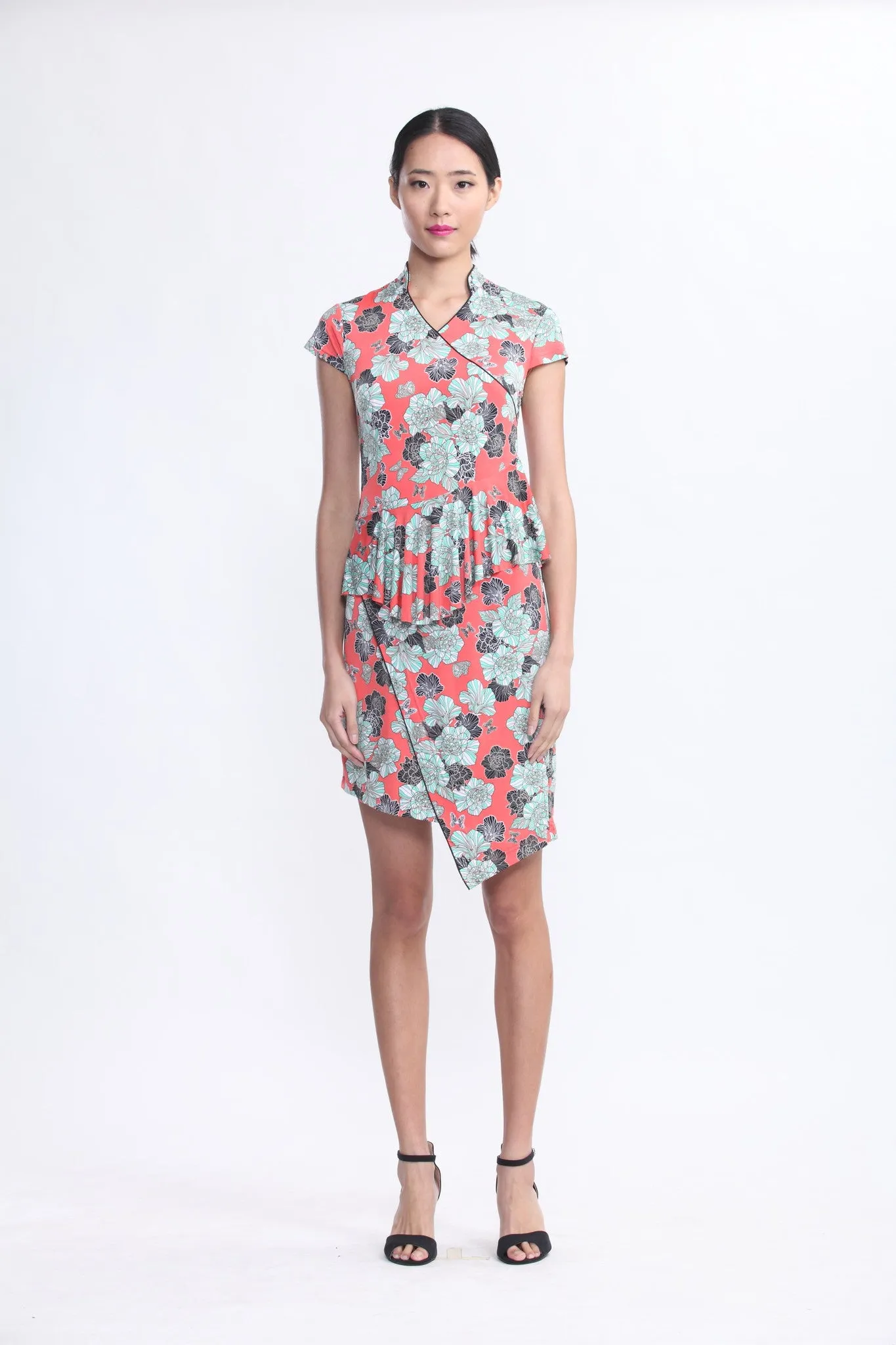 Orange Venezia Print Jersey Dress with Ruffles At Waist