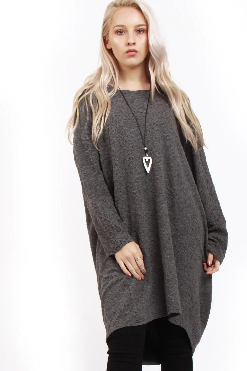 Oversized Textured Hi Low Batwing Top in Grey