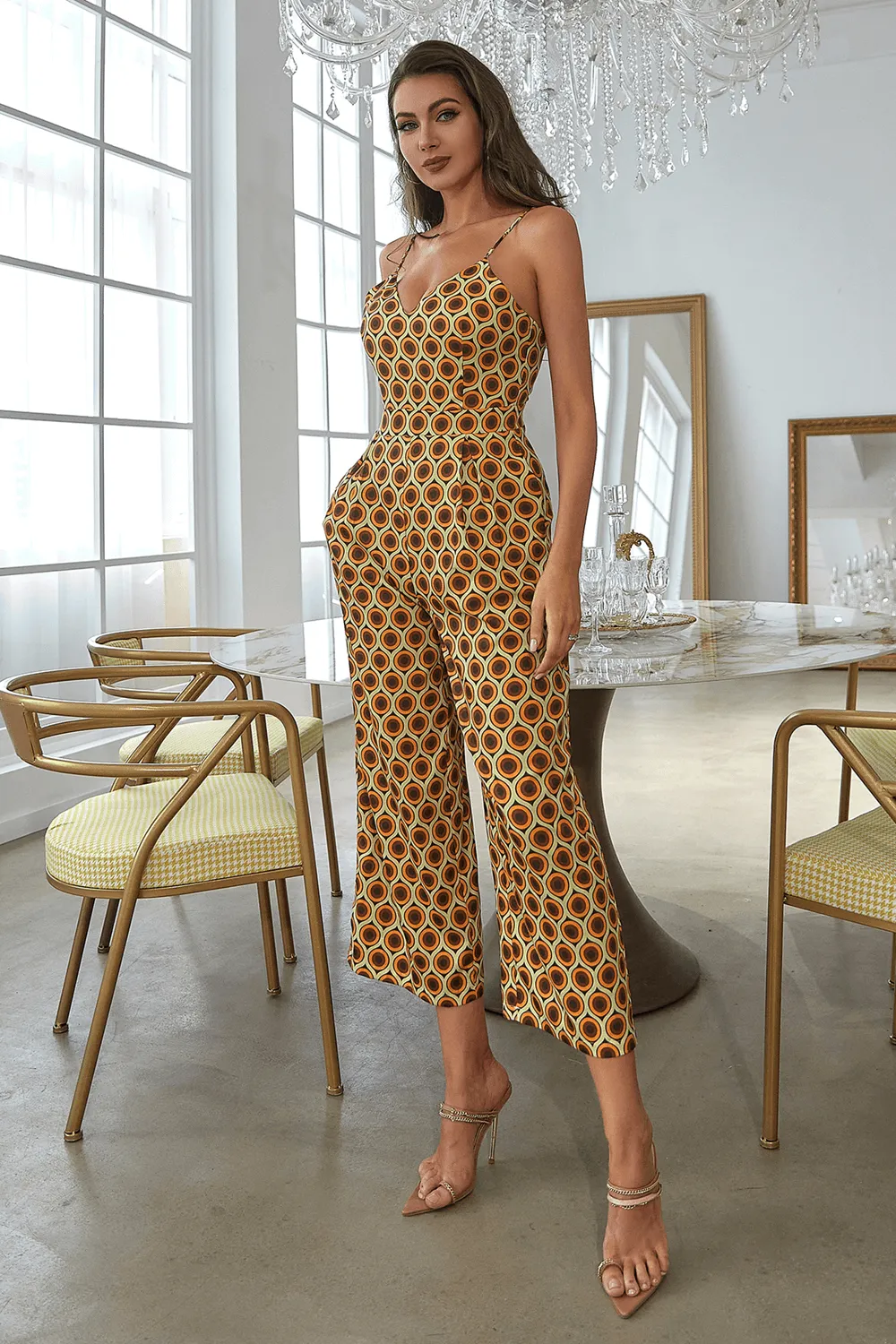 Printed Spaghetti Strap Cropped Jumpsuit