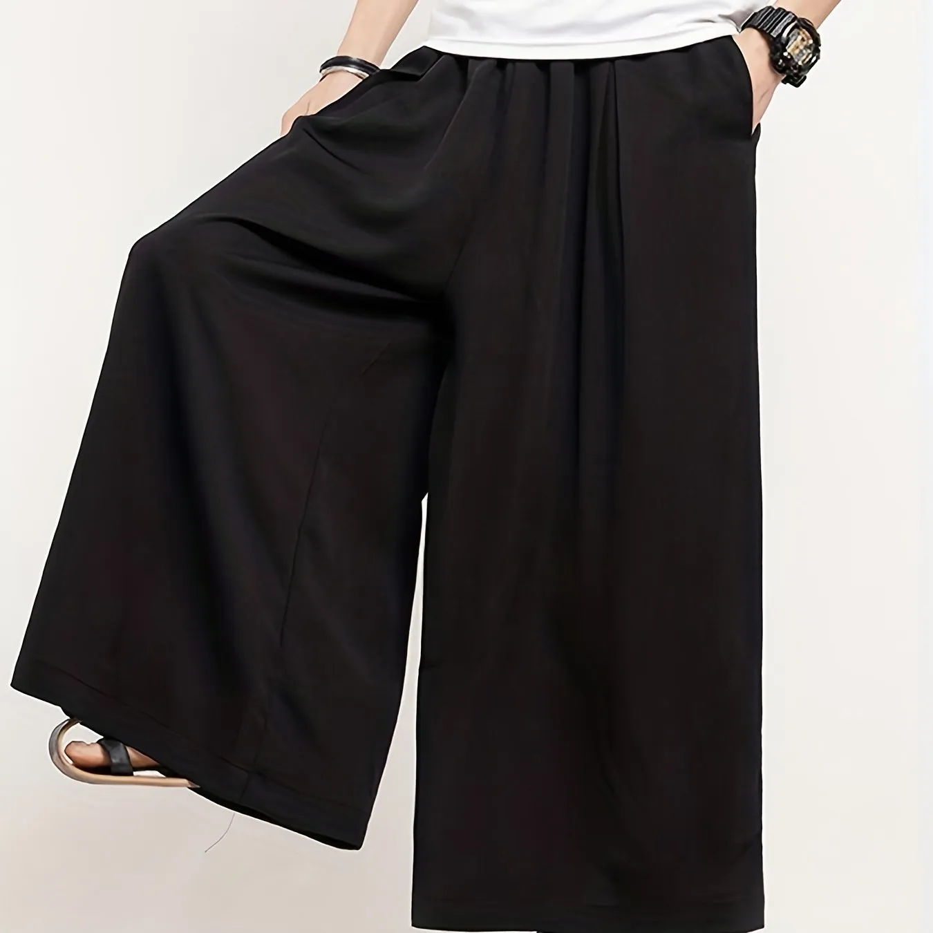 Regular Loose Fit Wide Leg Culottes - Comfortable Non-Stretch Polyester Pants for Men - Perfect for Spring and Fall Casual Wear