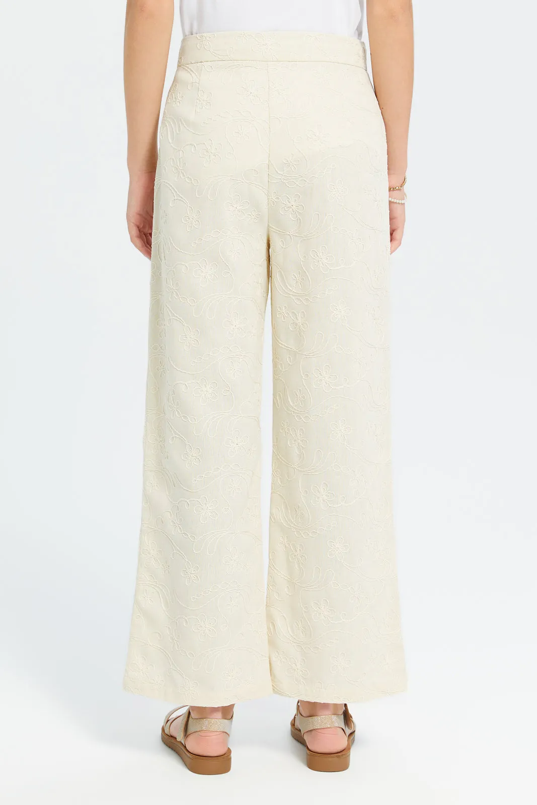 Senior Girls Beige Embroidered Culottes