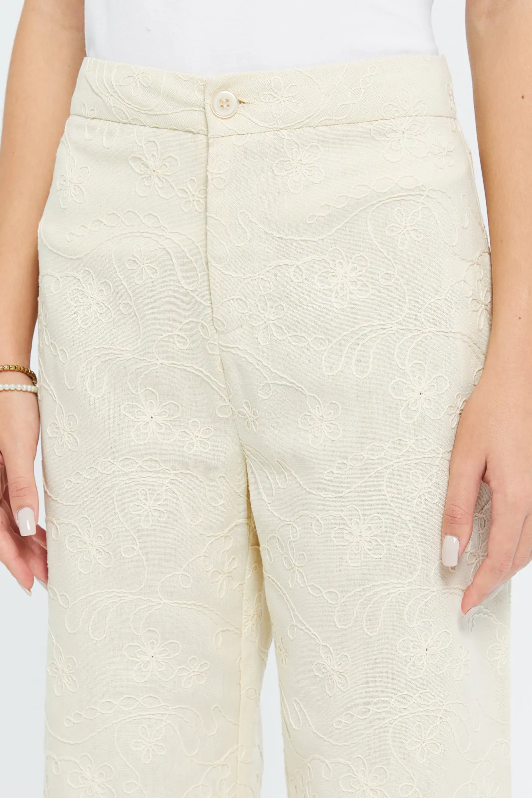 Senior Girls Beige Embroidered Culottes