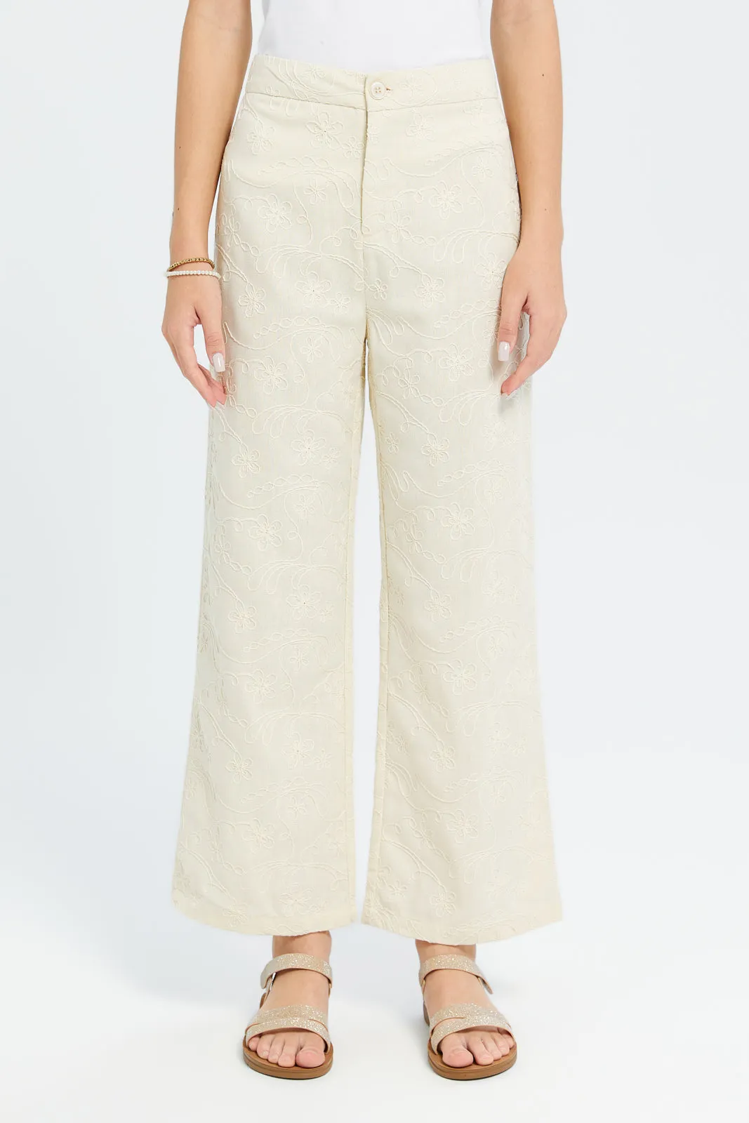 Senior Girls Beige Embroidered Culottes