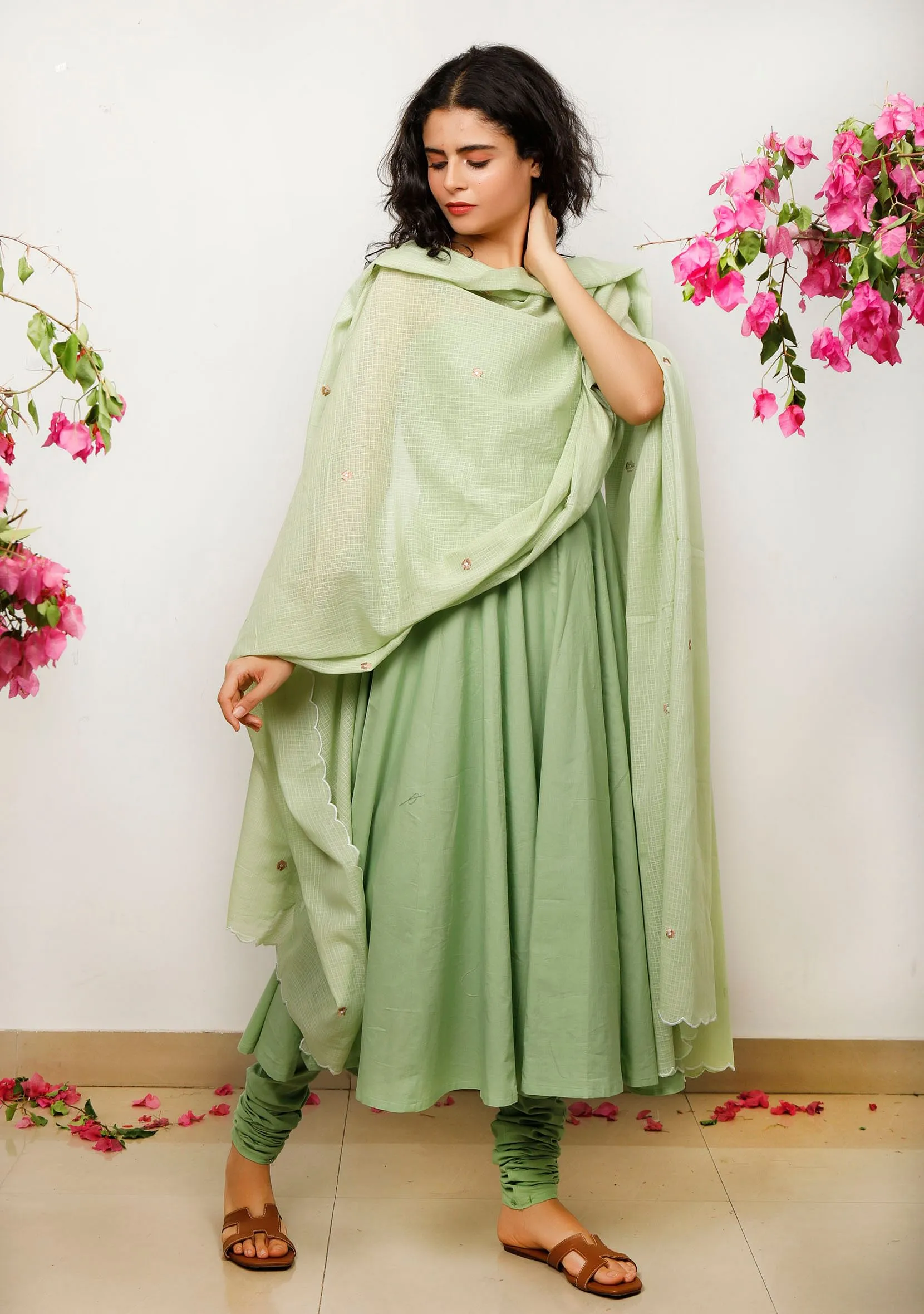 Set of 3: Mint Green plain strapped Gathered Cotton Kurta with Kota Dupatta and Cotton Solid Churidar