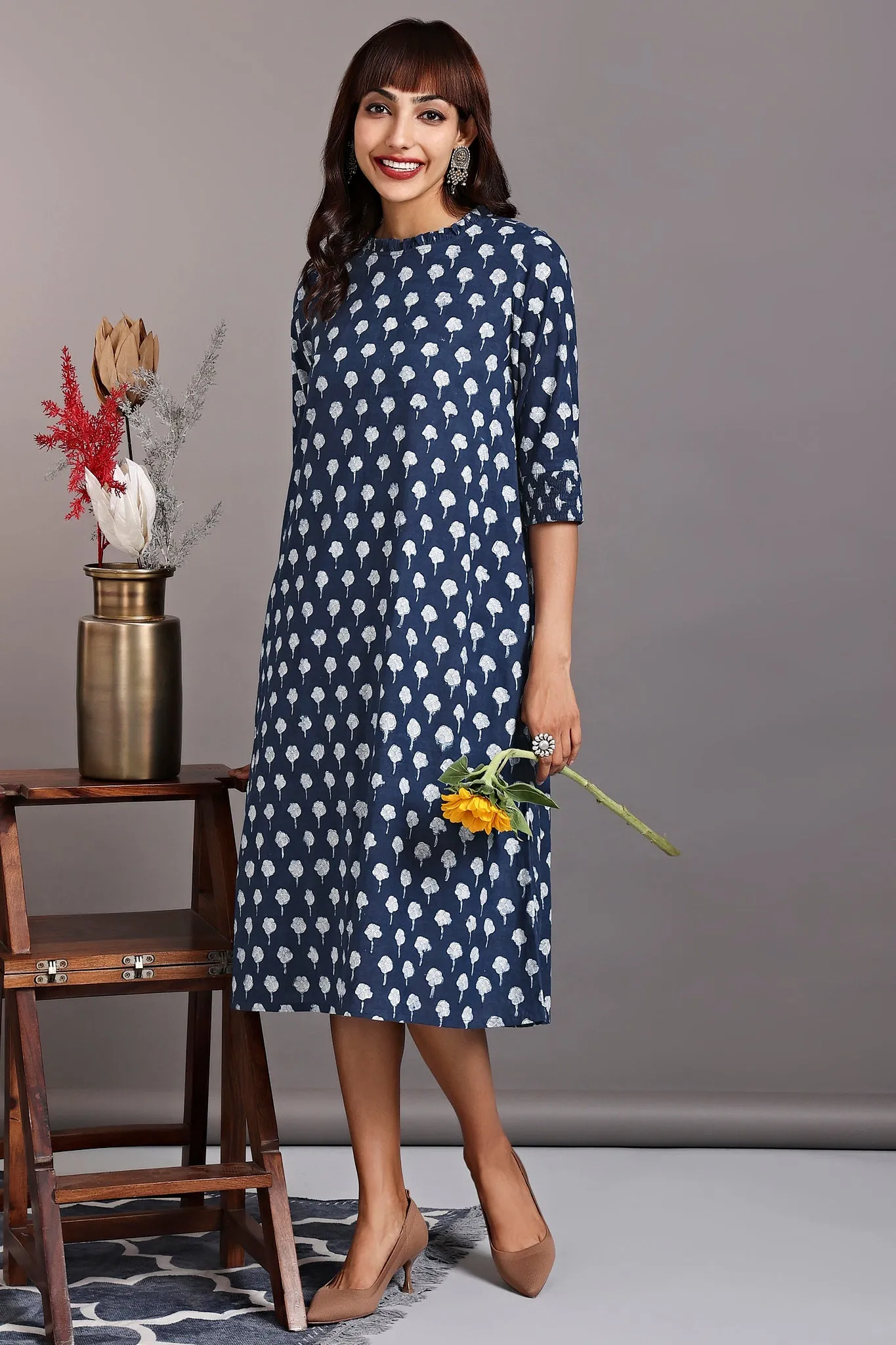 smocked sleeve shift dress - indigo summer & poppy flowers