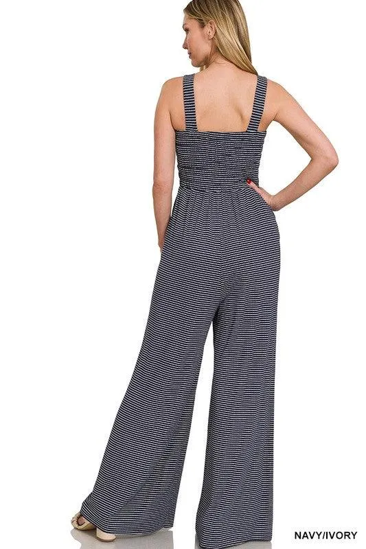 Smocked Striped Jumpsuit