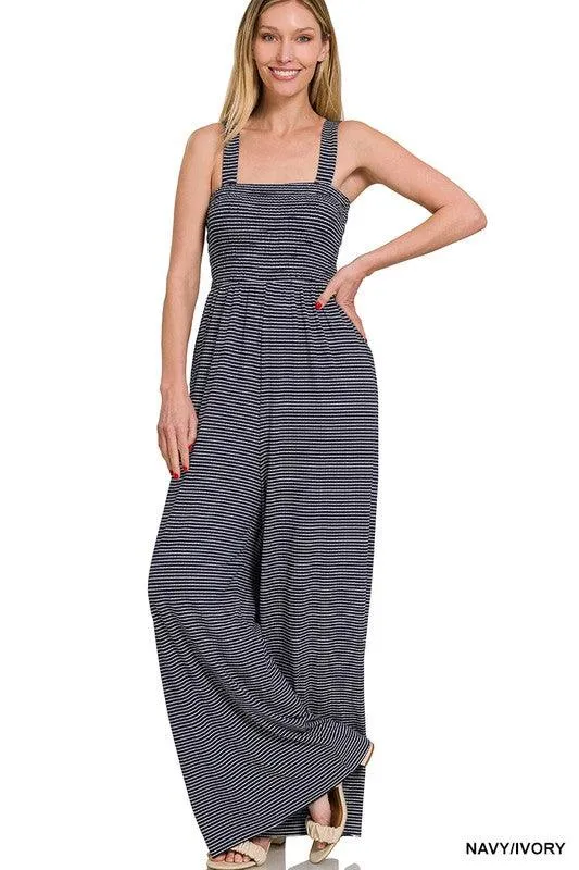 Smocked Striped Jumpsuit