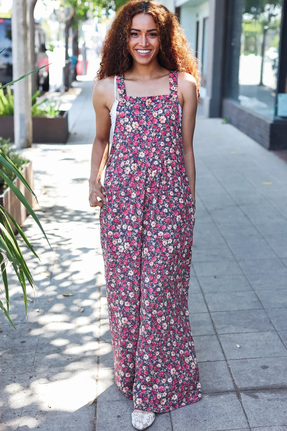 Stand Out Navy Floral Print Baggy Overall Jumpsuit