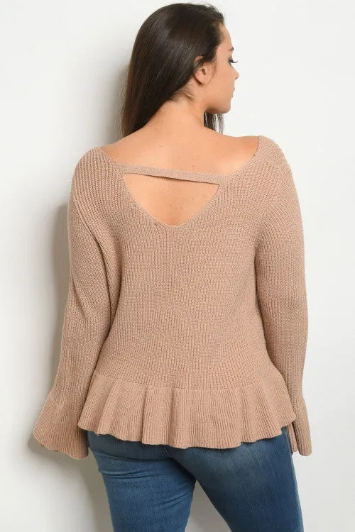 Taupe Brown Plus Size Peplum Sweater