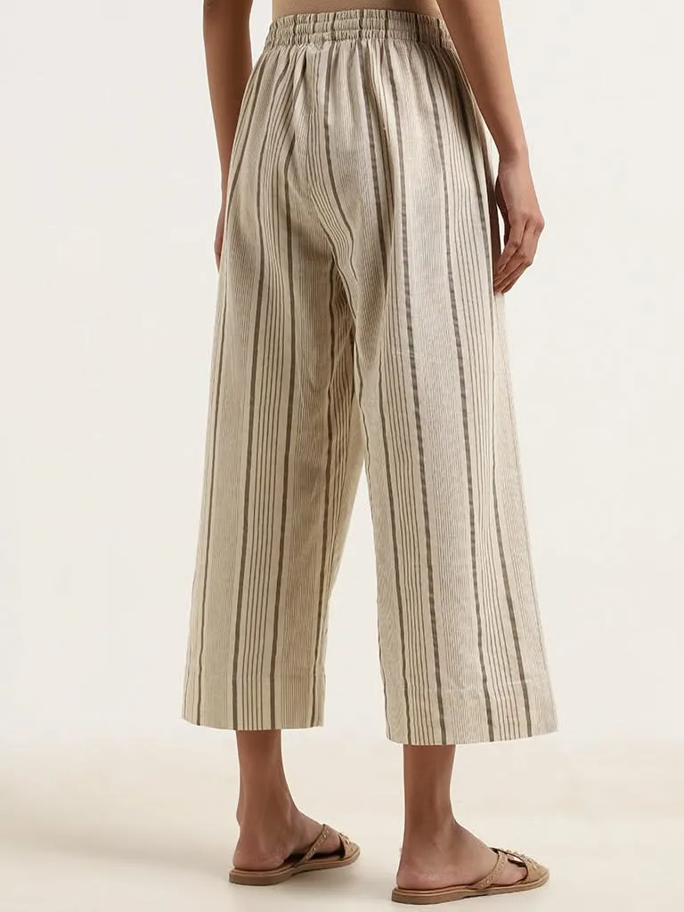 Utsa Cream Striped Blended Linen Wide-Leg Pants