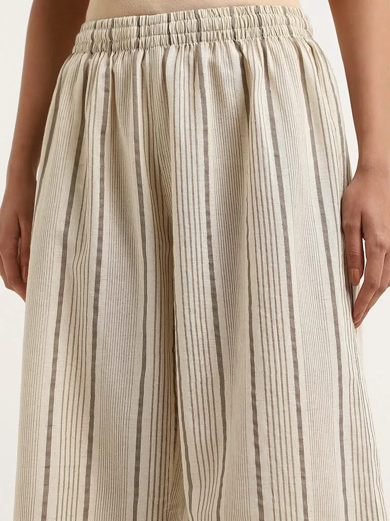 Utsa Cream Striped Blended Linen Wide-Leg Pants