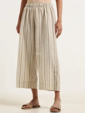 Utsa Cream Striped Blended Linen Wide-Leg Pants