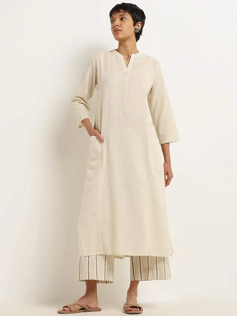 Utsa Cream Striped Blended Linen Wide-Leg Pants