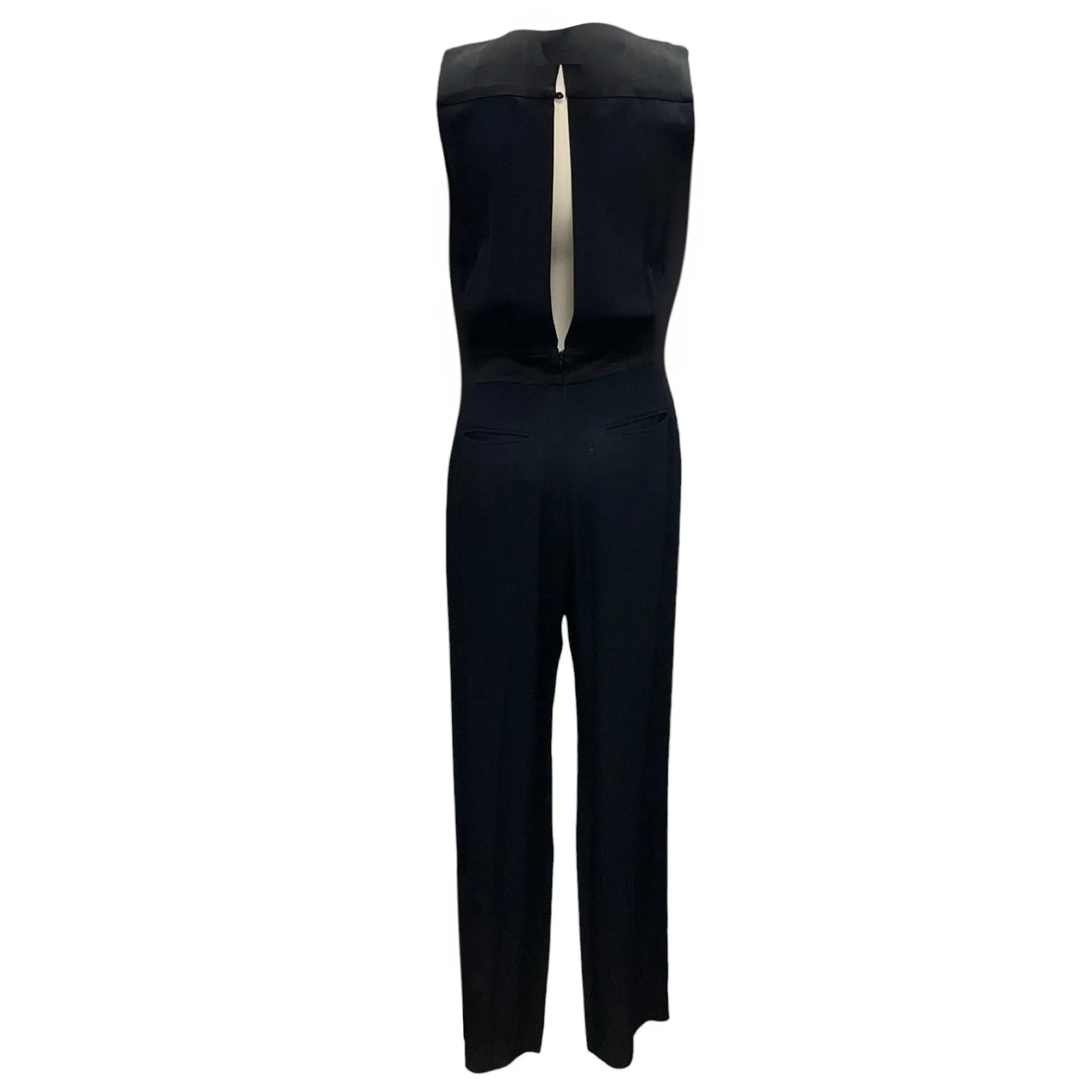 Victoria Beckham Navy Blue / Black Satin Trimmed Sleeveless Crepe Jumpsuit