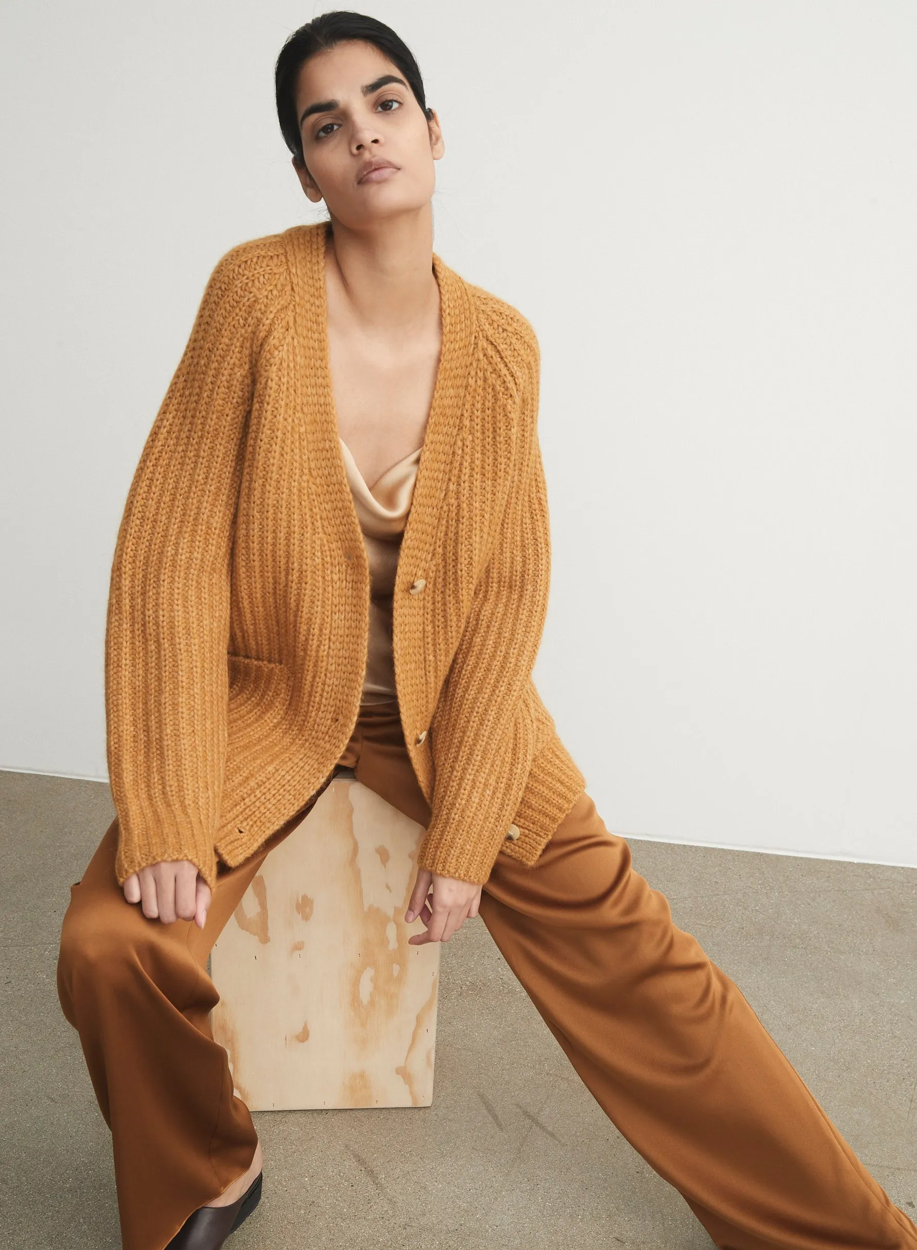 Vince - Ribbed Pocket Cardigan in Gold Ochre