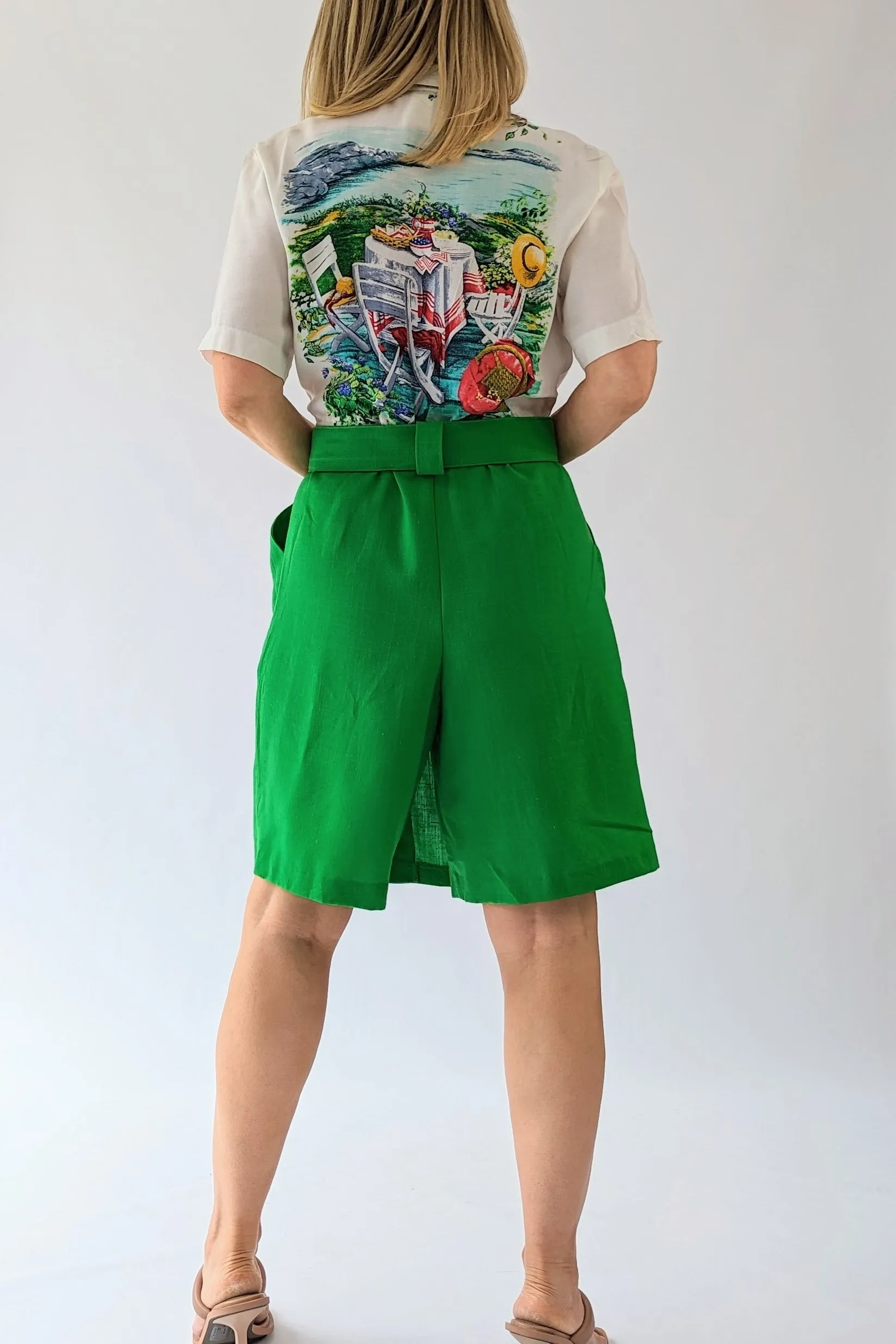 Vintage Summer Belted Culotte Dress with Painting Scene