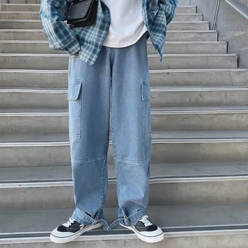 Wiaofellas  -  Cargo jeans Men Wide Leg Denim pants  Autumn Loose Straight Baggy Men's Jeans hip hop Streetwear Skateboard Neutral denim