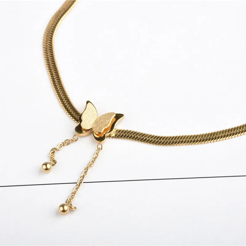 Women's Gold Titanium Steel Tassel Beanie Butterfly Anklet